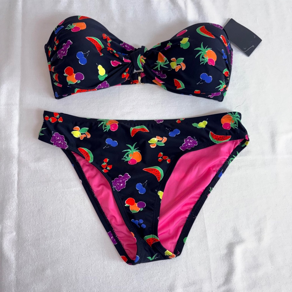 Kate Spade Bikini Set Medium Black Fruit Print New Bandeau Two Piece